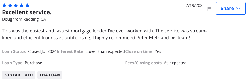 Zillow review from Doug, Redding: Excellent service. The easiest and fastest mortgage lender I've ever worked with.