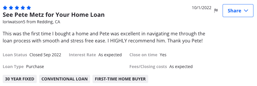 Zillow review from Redding: See Pete Metz for your home loan.