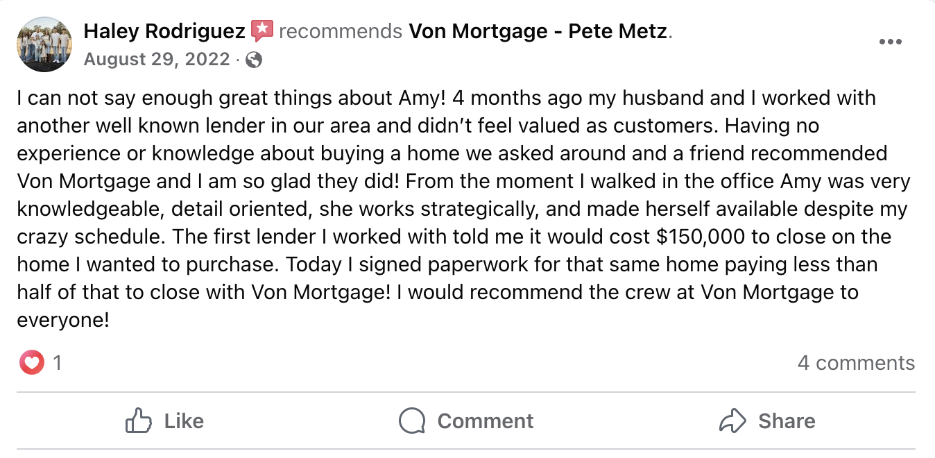 Facebook recommendation from Haley Rodriguez: I can not say enough great things about Amy and the crew at Von Mortgage.