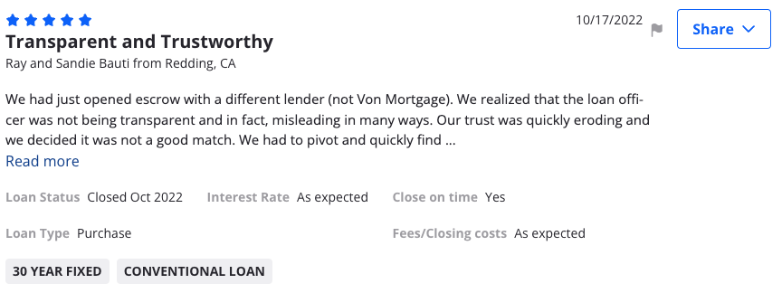 Zillow review from Ray and Sandie Baus, Redding: Transparent and trustworthy.