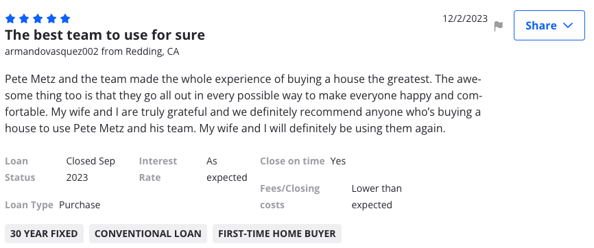 Zillow review from Redding: The best team to use for sure.