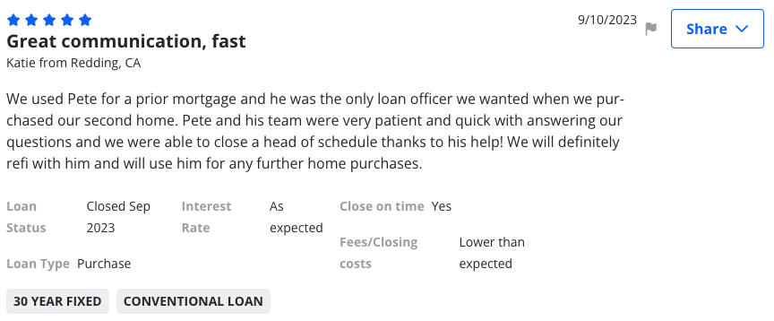 Zillow review from Katie, Redding: Great communication, fast.