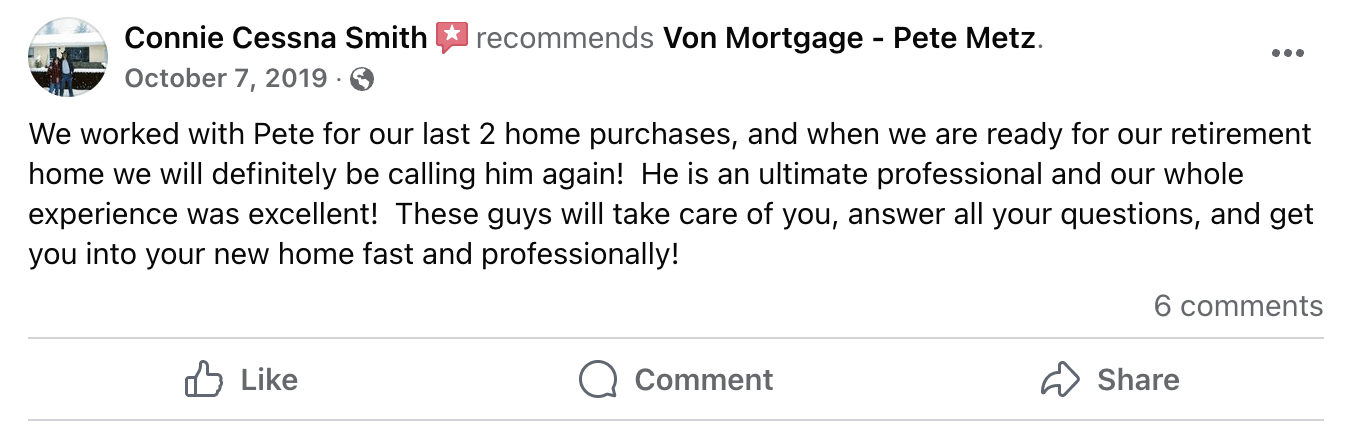 Facebook recommendation from Connie Cessna Smith: We worked with Pete for our last two home purchases.